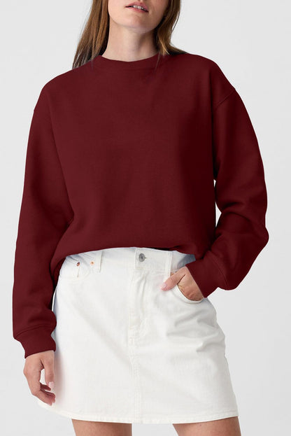 Burgundy Plain Drop Shoulder Crewneck Pullover Sweatshirt - The Fair Lady Shop