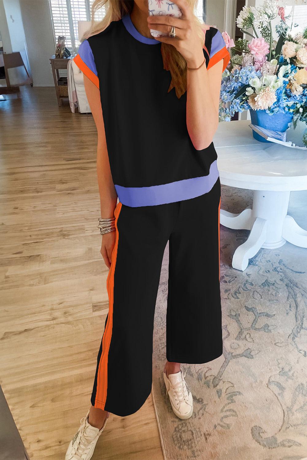 Chestnut Colorblock Cap Sleeve Tee and Wide Leg Pants Set - The Fair Lady Shop