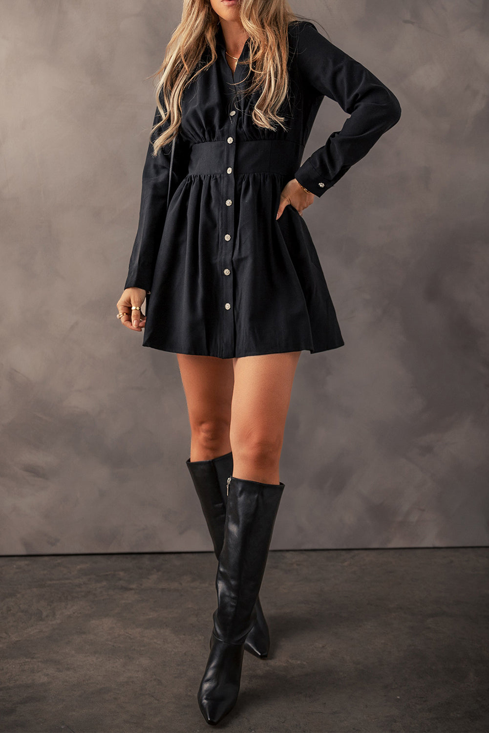 Black Buttoned High Waist Long Sleeve Mini Dress - The Fair Lady Shop