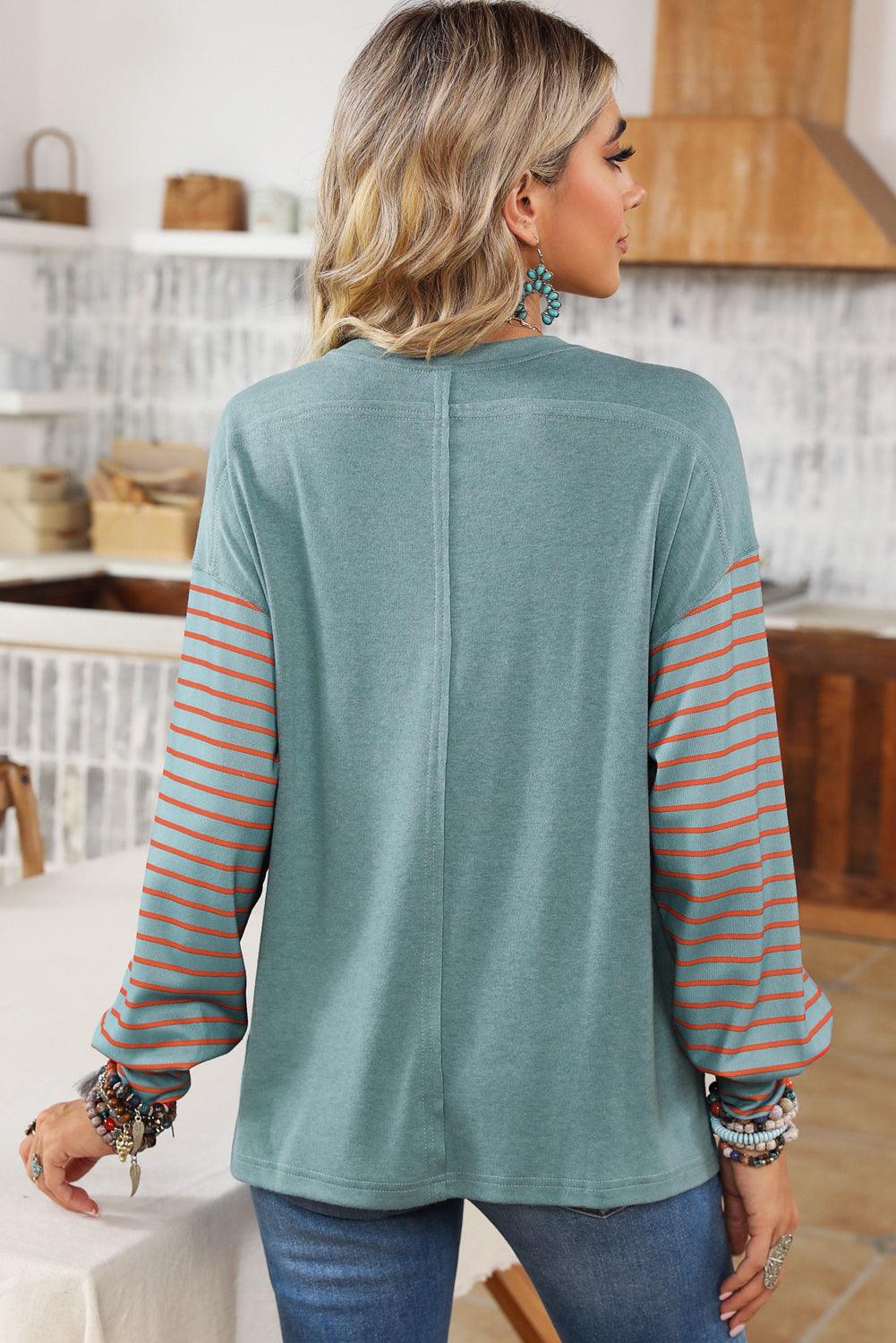 Green Colorblock Striped Bishop Sleeve Top with Side Slits - The Fair Lady Shop