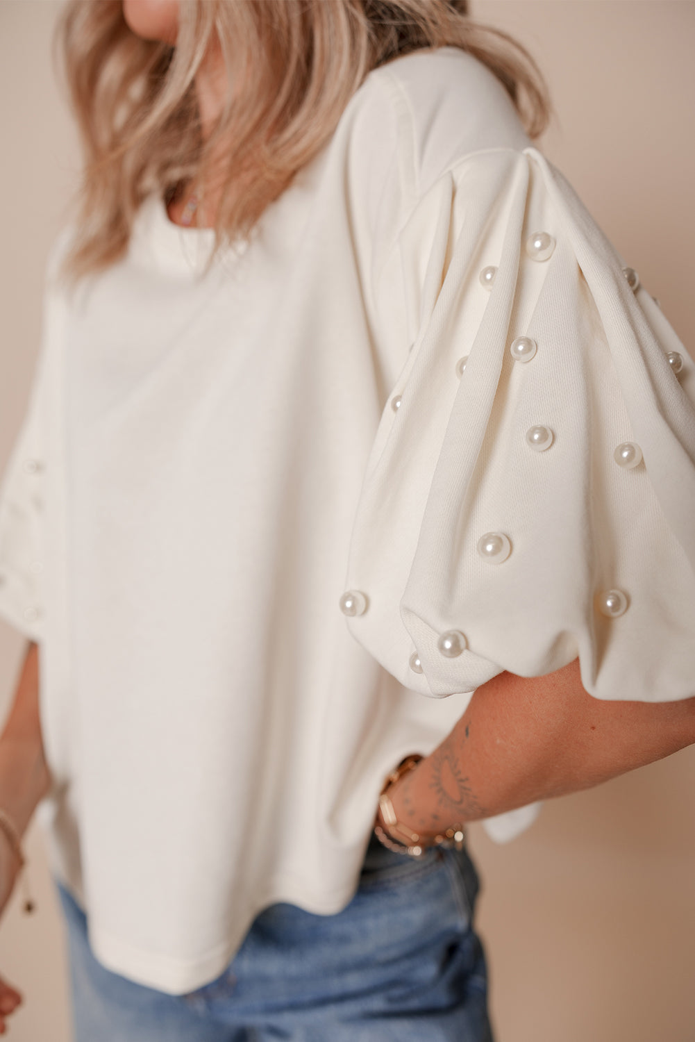 White Pearled Puff Sleeve Round Neck Loose Top - The Fair Lady Shop