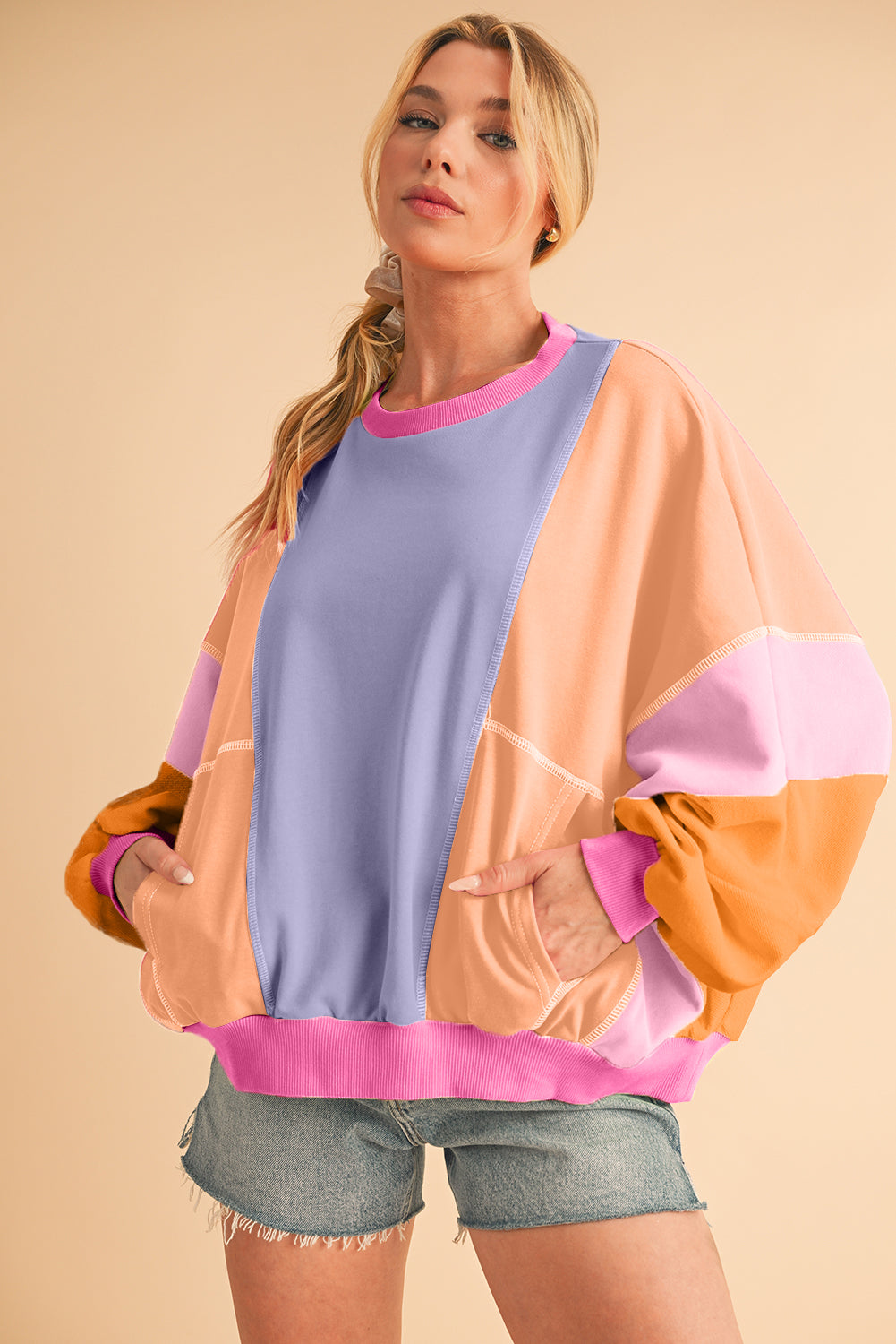 Orchid Petal Colorblock Patchwork Drop Shoulder Top - The Fair Lady Shop