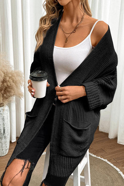 Black Batwing Sleeve Pocket Oversized Cable Knit Cardigan - The Fair Lady Shop