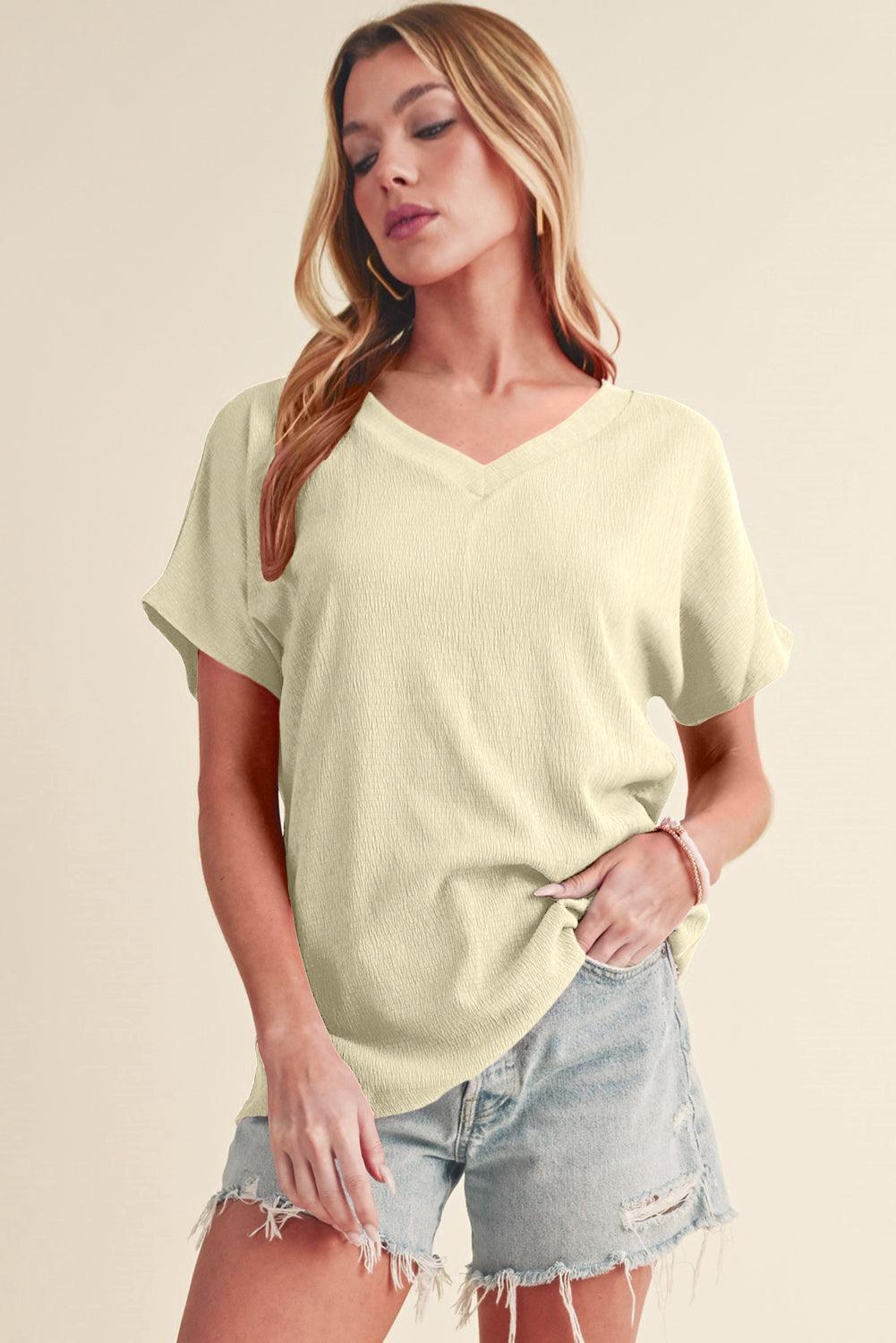 Blue Plain Crinkled V Neck Flounce Sleeve T Shirt - The Fair Lady Shop