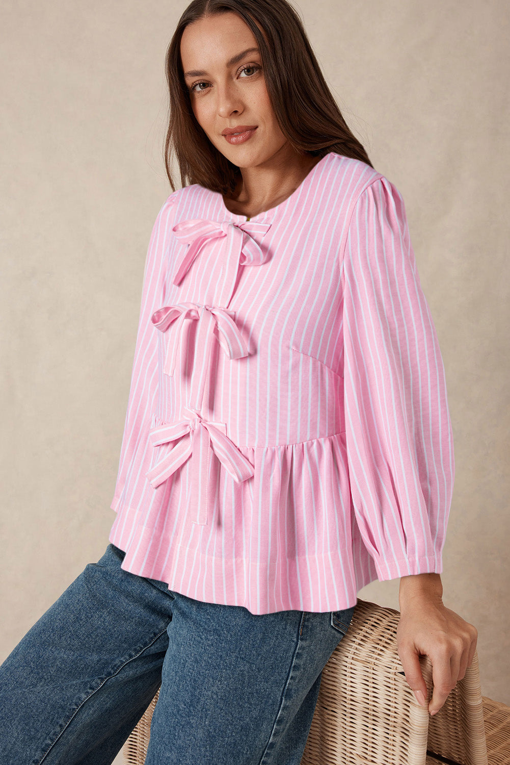 Pink Striped Print Sweet Bow Tie Blouse - The Fair Lady Shop