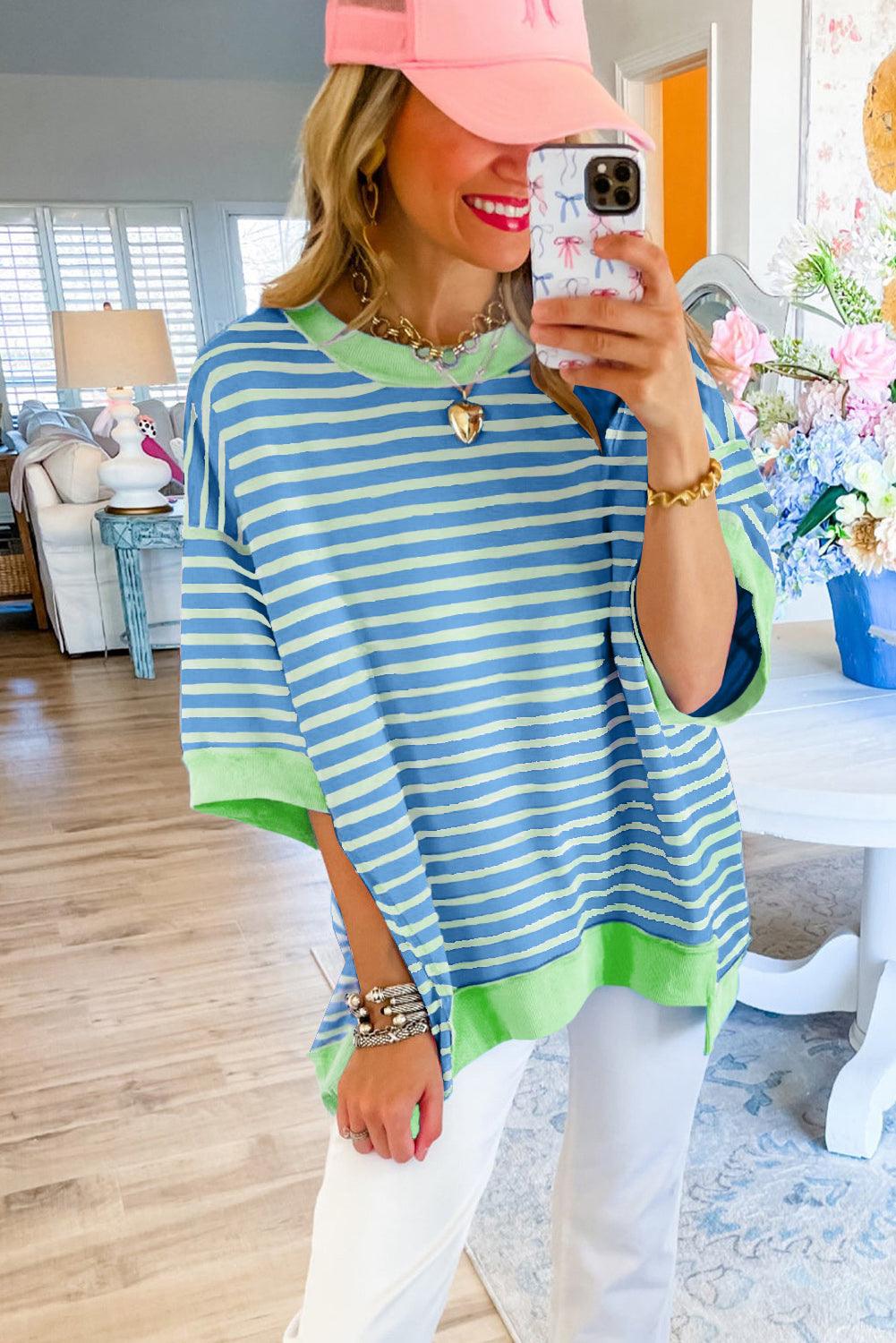 Pink Stripe Colorblock Drop Sleeve Oversized T Shirt - The Fair Lady Shop