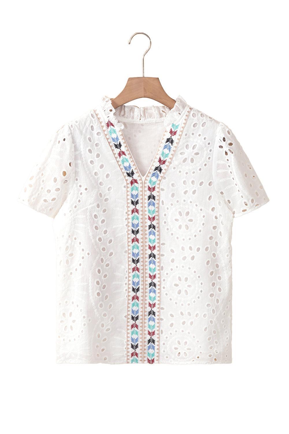 White Boho Geometric Pattern V Neck Cut-out Blouse - The Fair Lady Shop