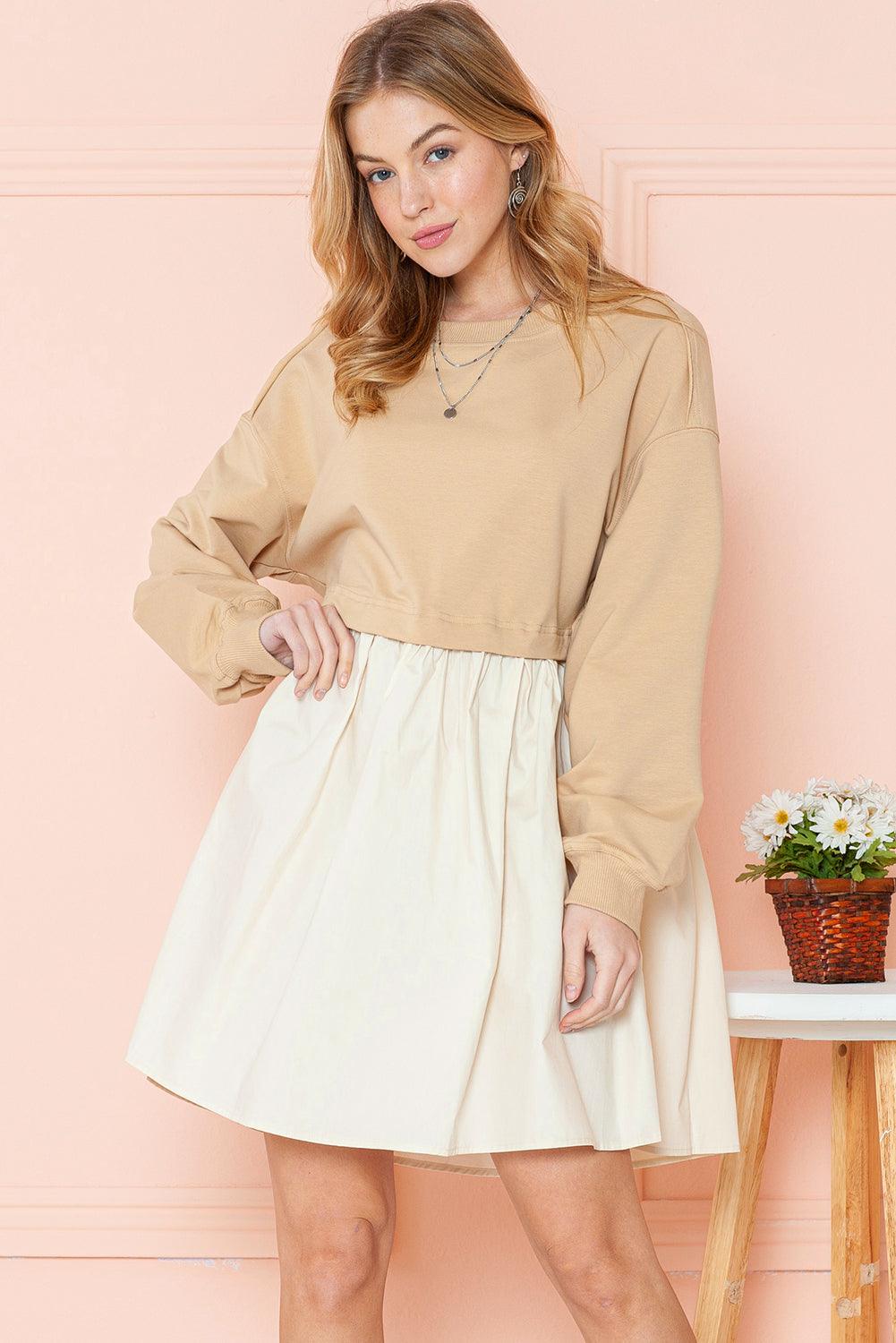 Khaki Sweatshirt Colorblock Flowy Pleated Mini Dress - The Fair Lady Shop