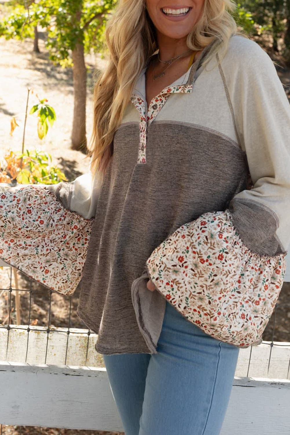 Goat Colorblock Floral Patchwork Flared Sleeve Henley Top - The Fair Lady Shop