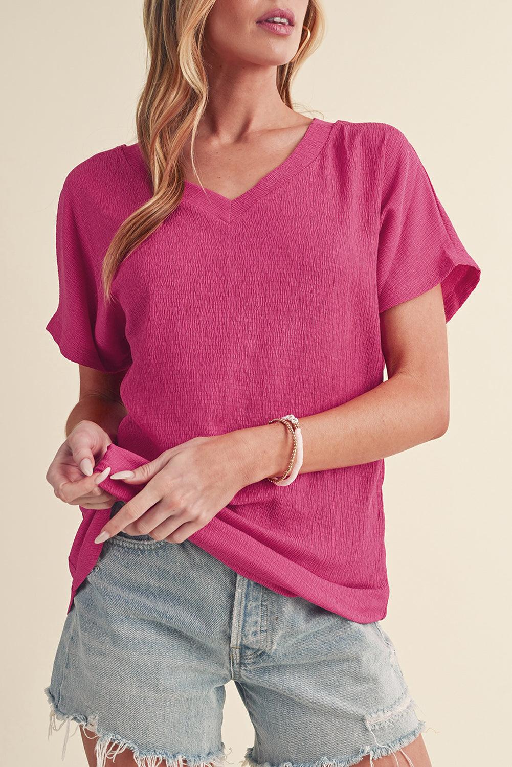 Blue Plain Crinkled V Neck Flounce Sleeve T Shirt - The Fair Lady Shop