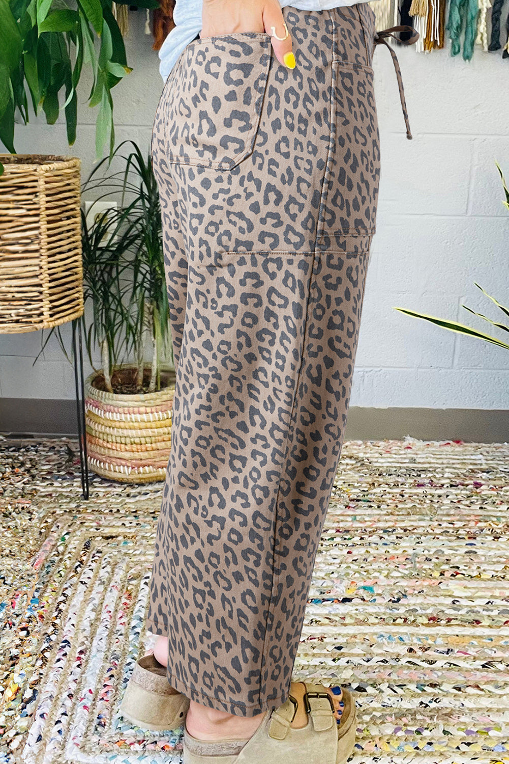 Khaki Leopard Print Drawstring Waist Pocketed Wide Leg Jeans - The Fair Lady Shop