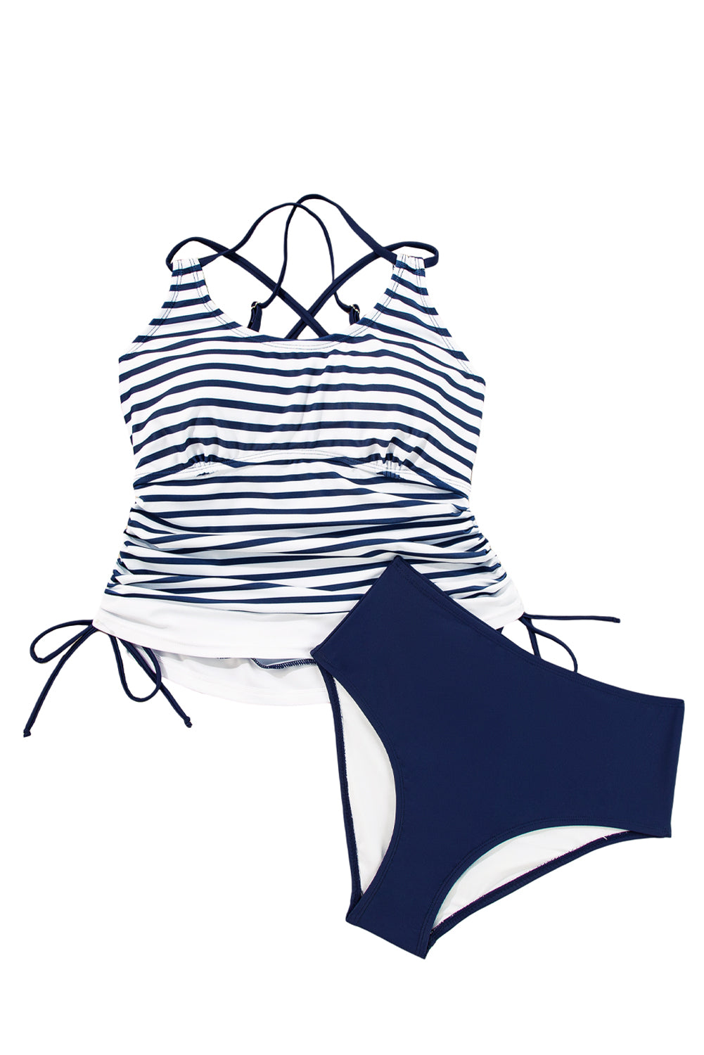 Blue Stripe Drawstring Tummy Control 2pcs Tankini Set - The Fair Lady Shop