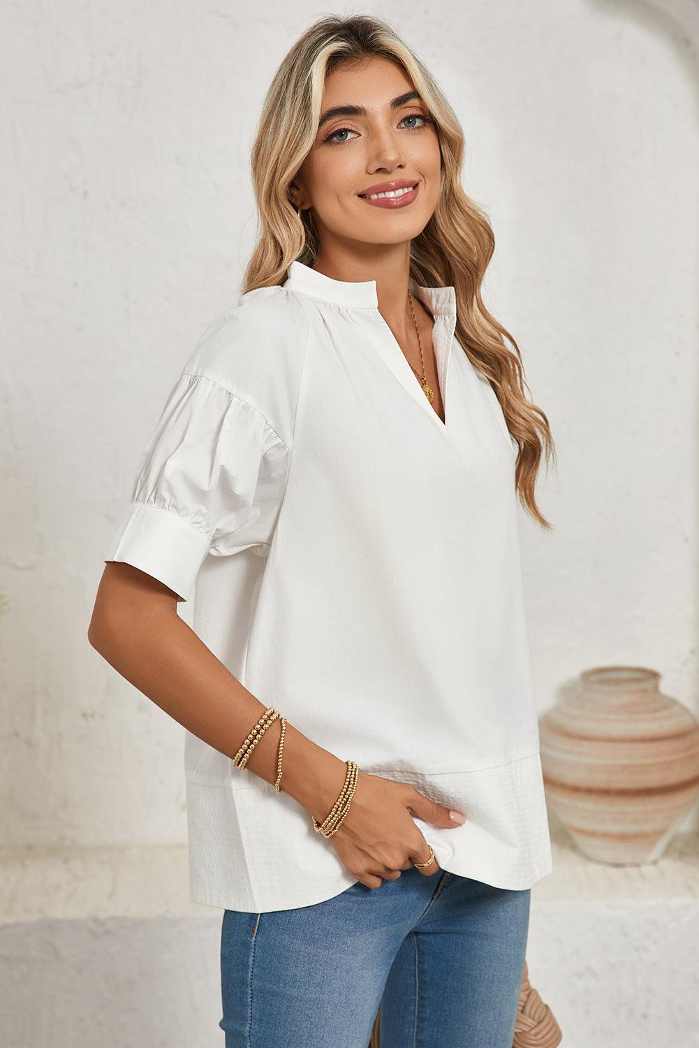 White Solid Color Ruched Bubble Sleeve V Neck Shirt - The Fair Lady Shop