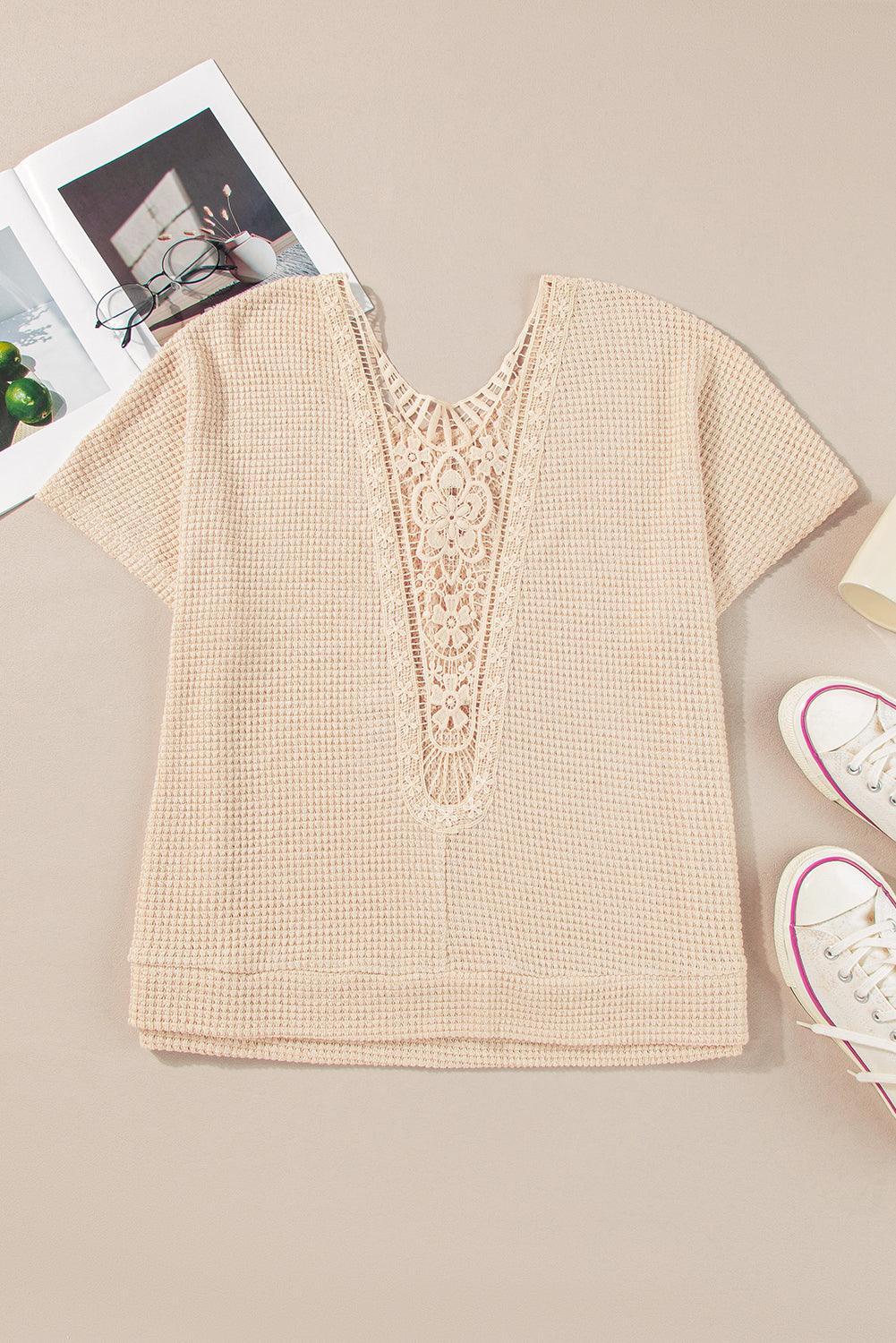 Beige Hollowed Lace Applique Plus Size Waffle T Shirt - The Fair Lady Shop