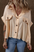 Beige Waffle Crinkle Patchwork Short Batwing Sleeve Shirt - The Fair Lady Shop