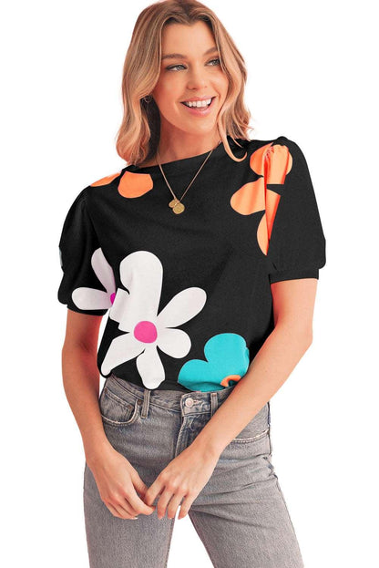 Apricot Colorful Flower Print Bubble Sleeve Tee - The Fair Lady Shop