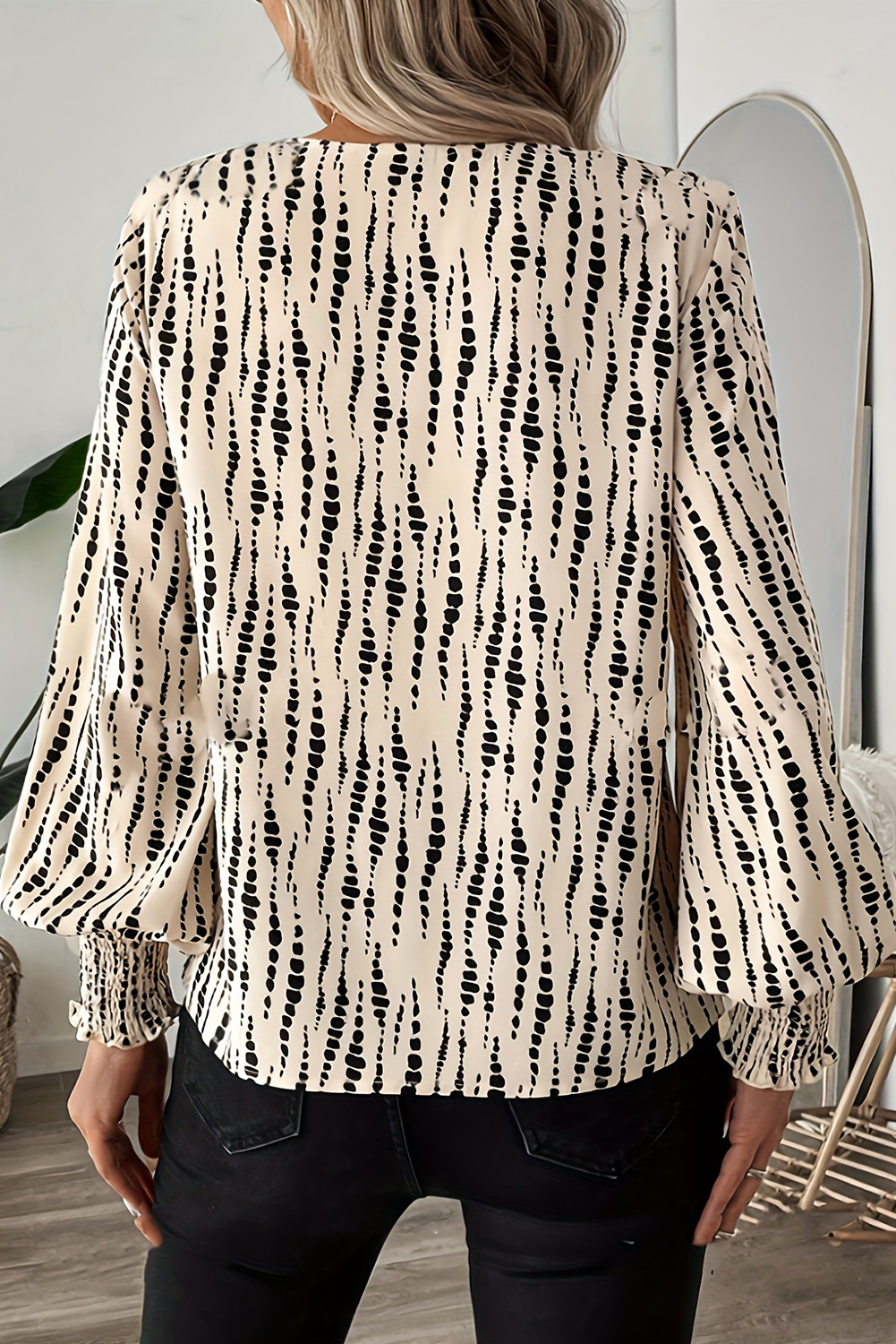 Apricot Abstract Print Puff Sleeve Smocked Cuffs Blouse - The Fair Lady Shop