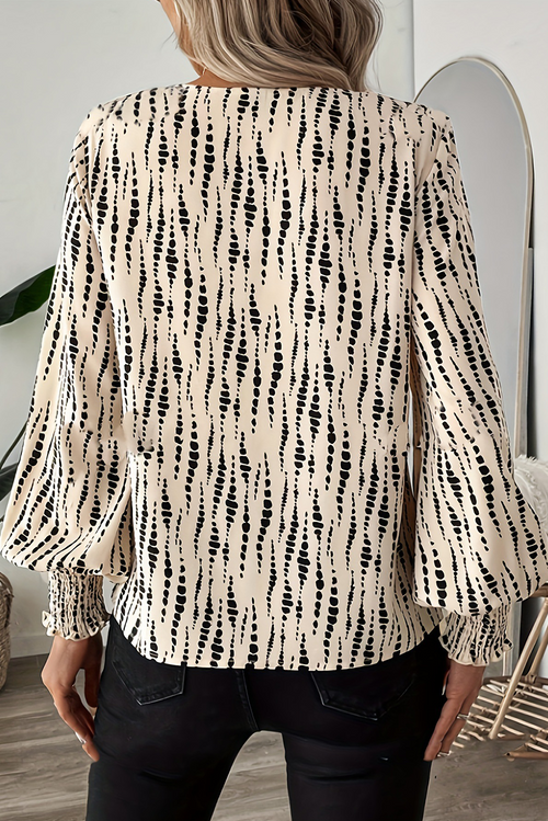 Apricot Abstract Print Puff Sleeve Smocked Cuffs Blouse - The Fair Lady Shop