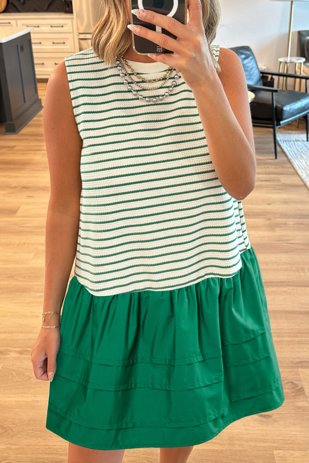 Green Stripe Woven Ruffled Sleeveless Mini Dress - The Fair Lady Shop