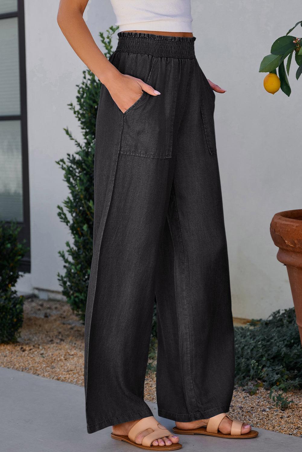 Black Side Pockets Frilled Smocked High Waist Wide Leg Jeans - The Fair Lady Shop