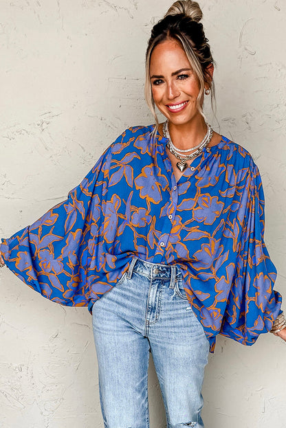 Blue Floral Print Batwing Sleeve Button Loose Fit Blouse - The Fair Lady Shop