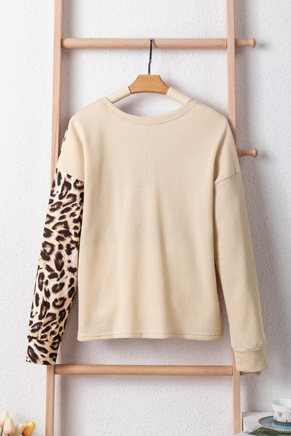 Bonbon Casual Waffle Knit Leopard Contrast Long Sleeve Top - The Fair Lady Shop