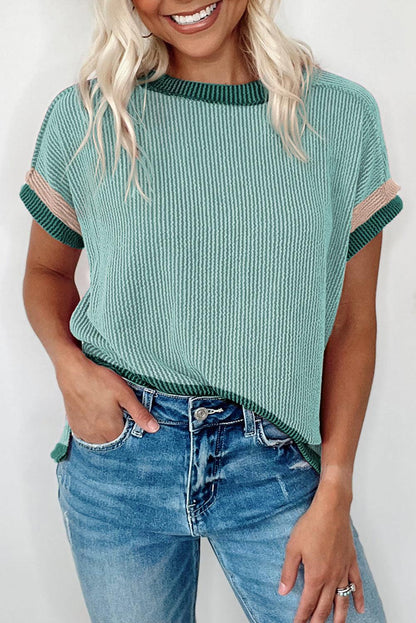 Grass Green Textured Contrast Color Round Neck T Shirt - The Fair Lady Shop