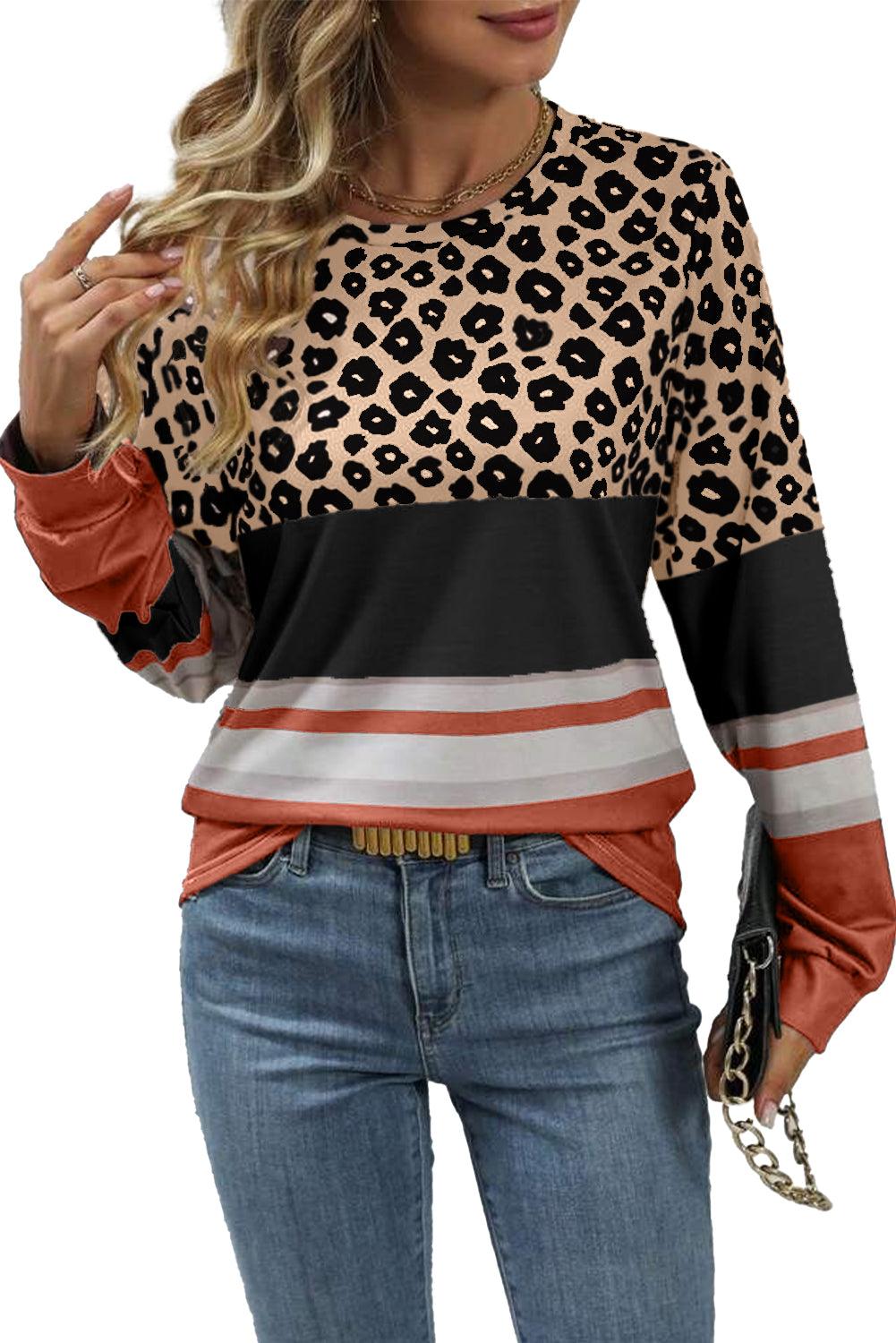 Khaki Leopard Striped Color Block Long Sleeve Top - The Fair Lady Shop