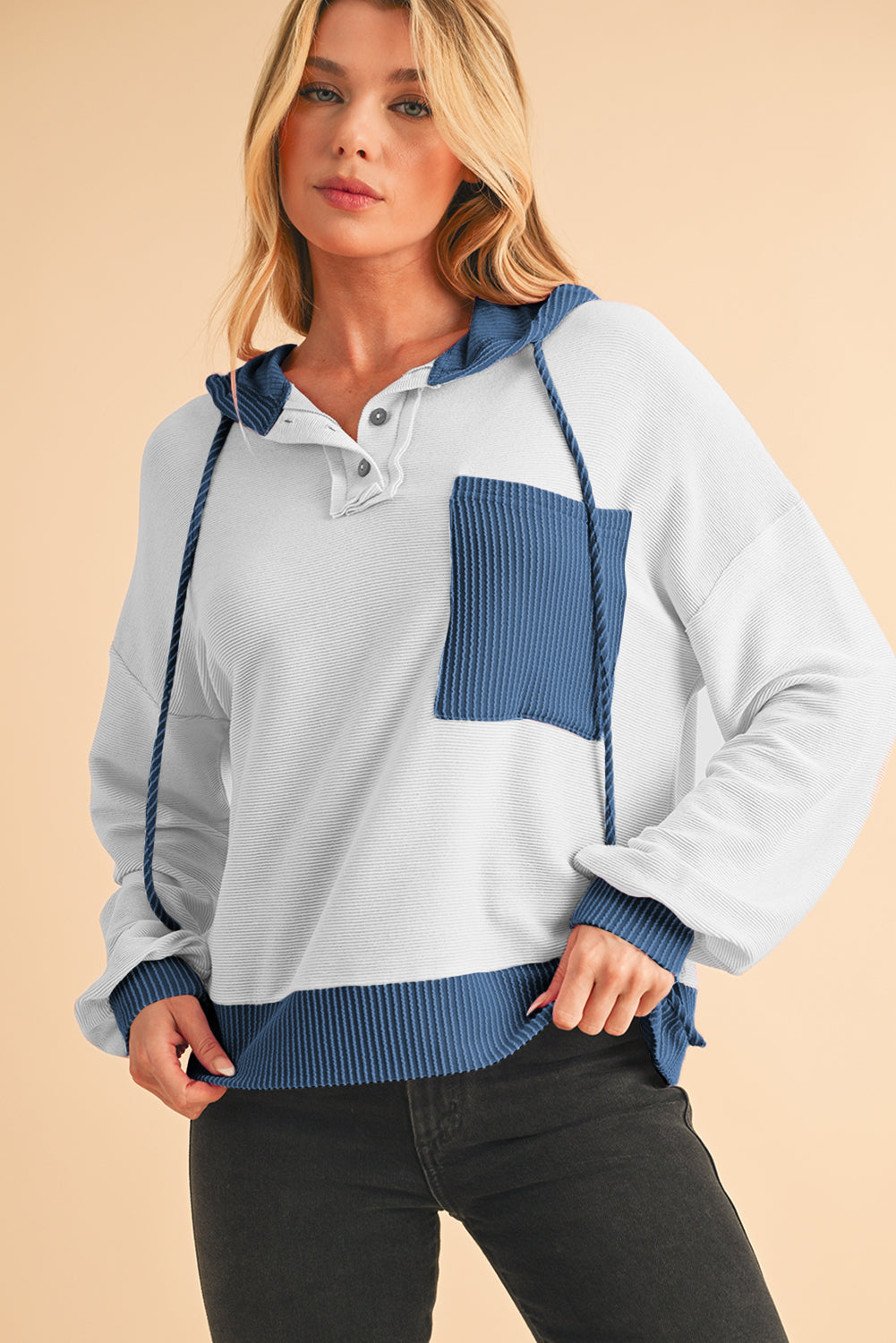 White Corded Patch Pocket Drawstring Henley Long Sleeve Top - The Fair Lady Shop