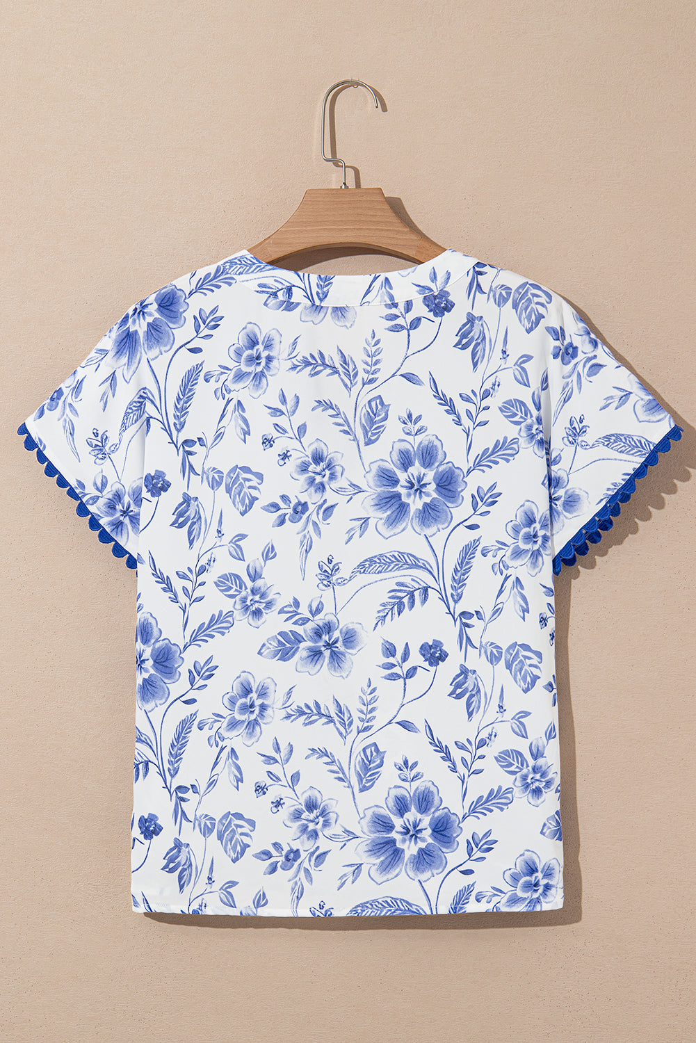 Blue Floral V-Neck Short Sleeve Blouse - The Fair Lady Shop