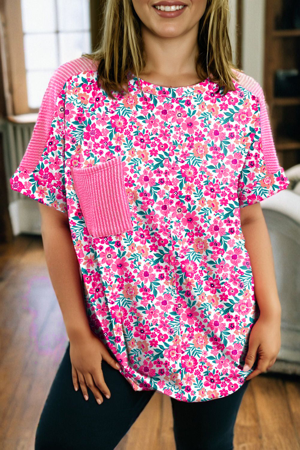 Pink Plus Size Floral Print Corded Patchwork Loose Top - The Fair Lady Shop