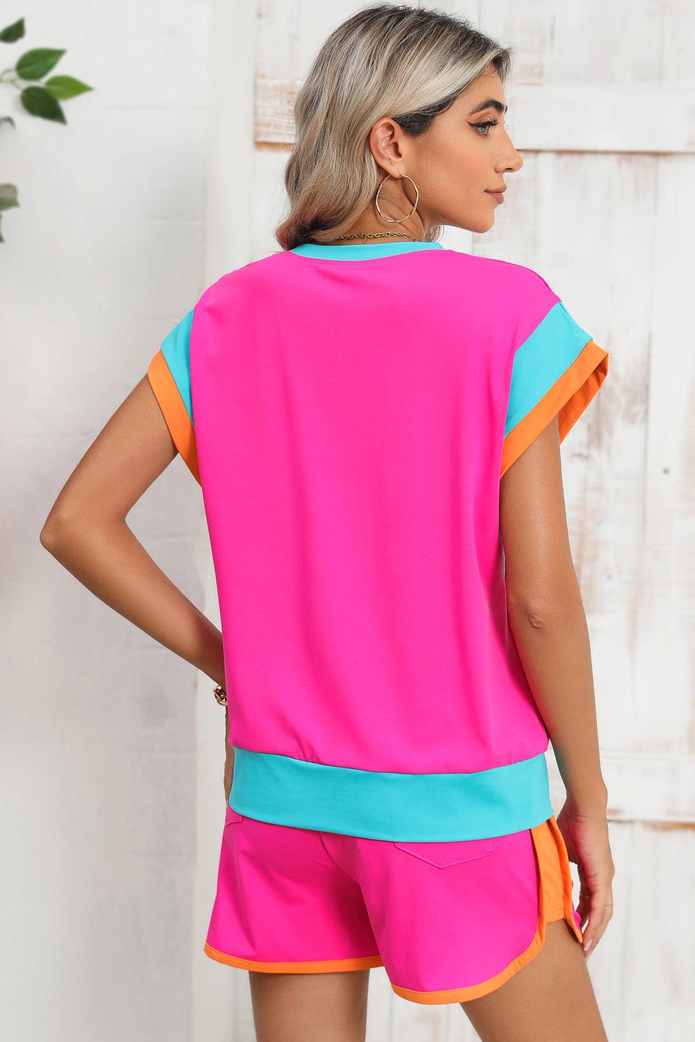 Peach Blossom Color Block Loose Fit Top & Elastic Waist Shorts Set - The Fair Lady Shop