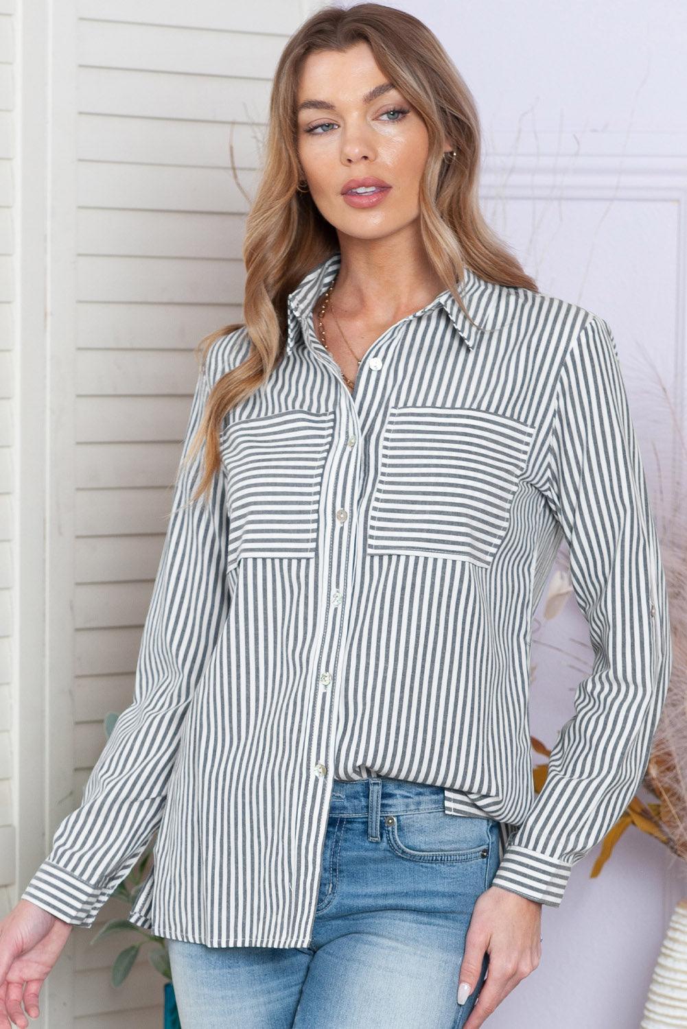 Blue Striped Chic Pockets Roll Up Sleeve Buttons Front Shirt - The Fair Lady Shop