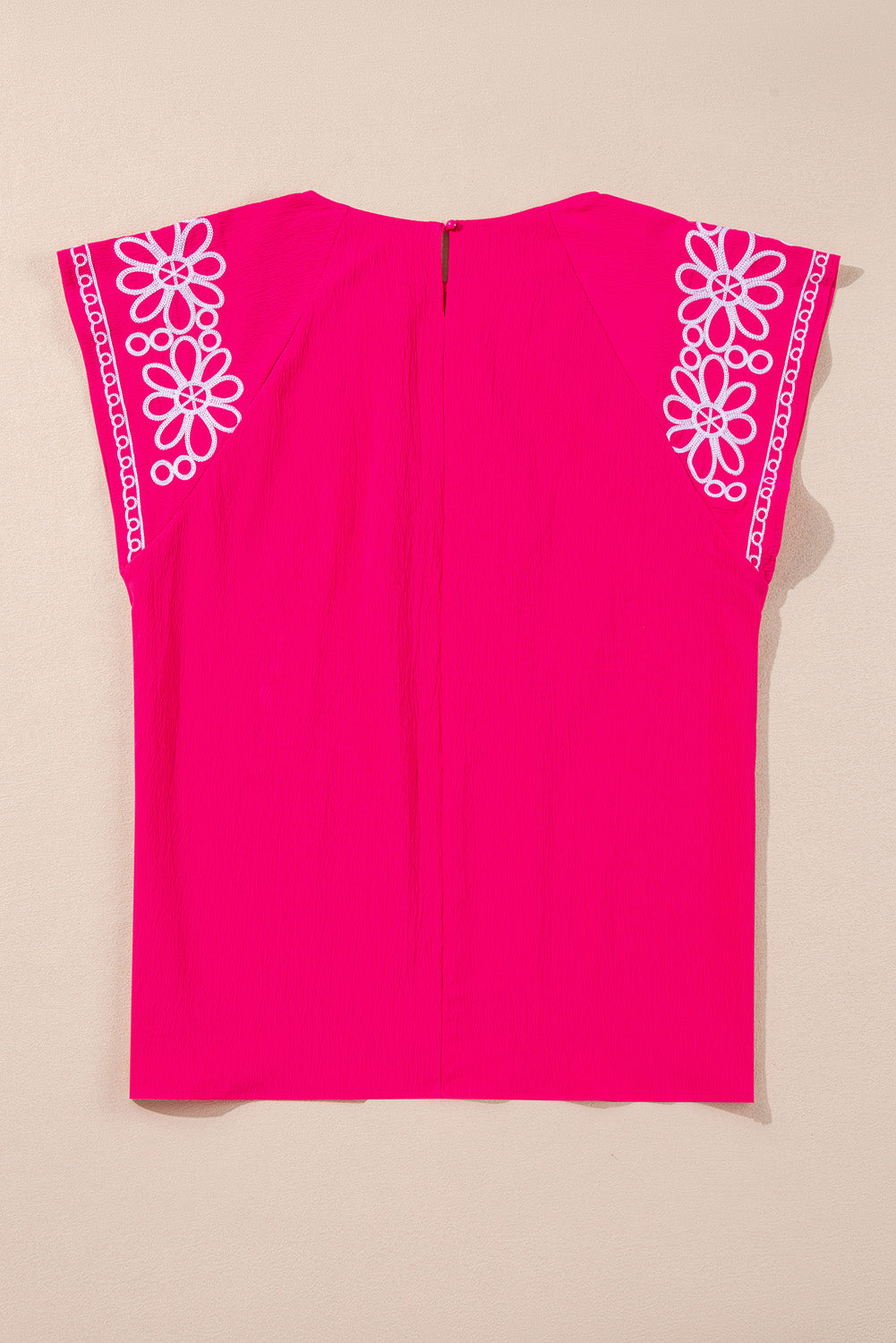 Strawberry Pink Floral Embroidered Flutter Sleeve Pleated Round Neck Plus Size Blouse - The Fair Lady Shop