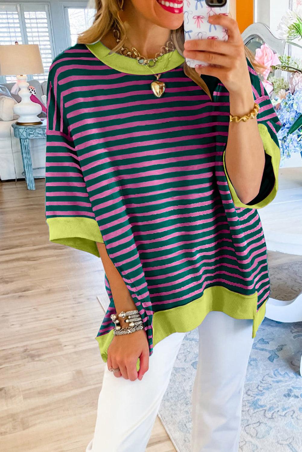 Pink Stripe Colorblock Drop Sleeve Oversized T Shirt - The Fair Lady Shop