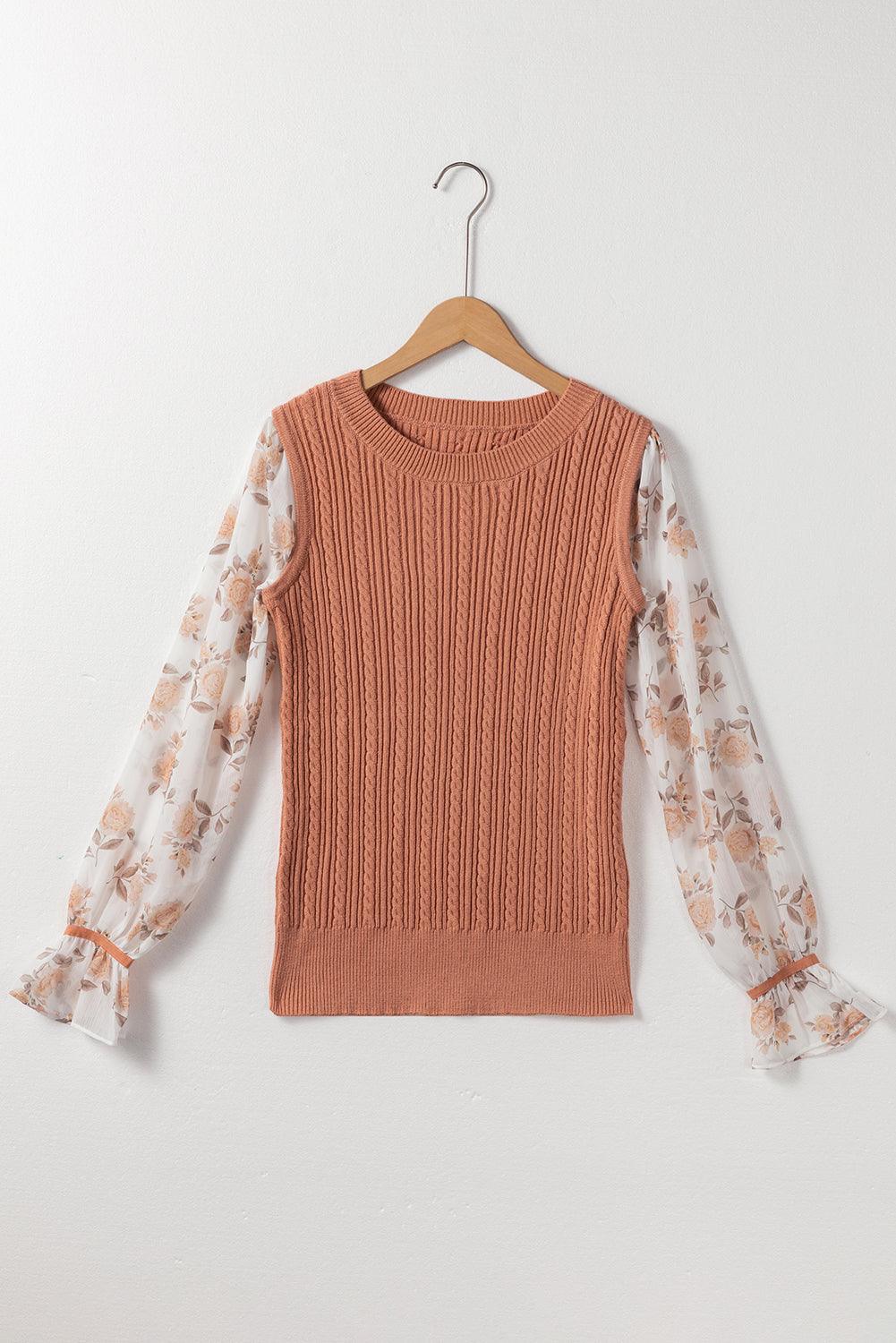 Floral Patchwork Ruffled Cuff Sleeve Cable Knit Sweater - The Fair Lady Shop