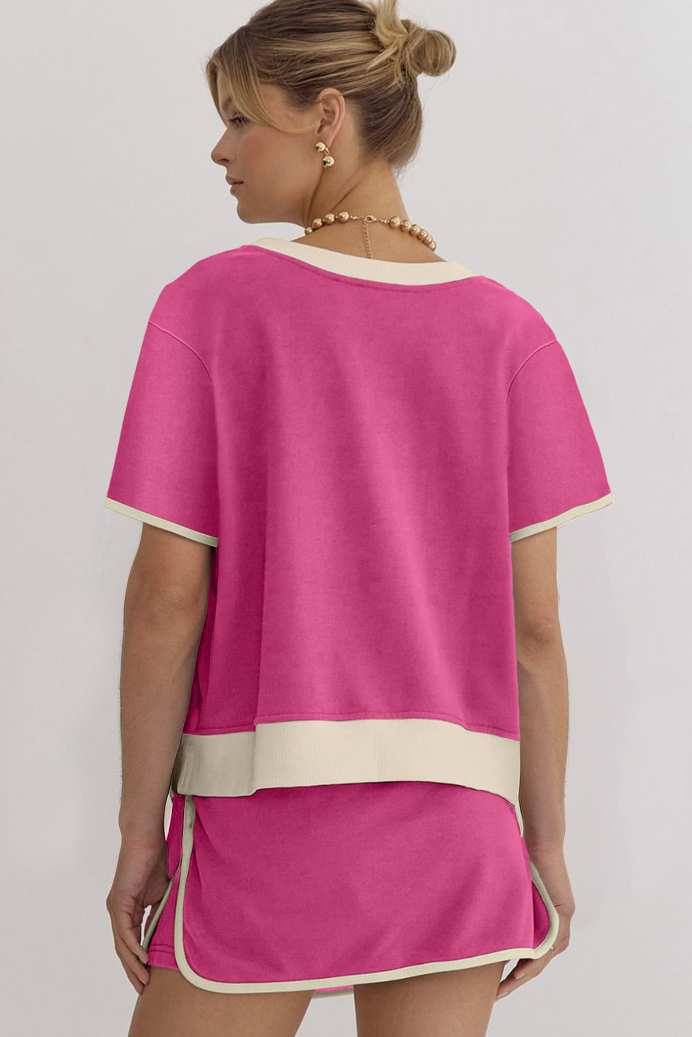 Rose Red Colorblock Edge Drop Shoulder T Shirt and Skort Set