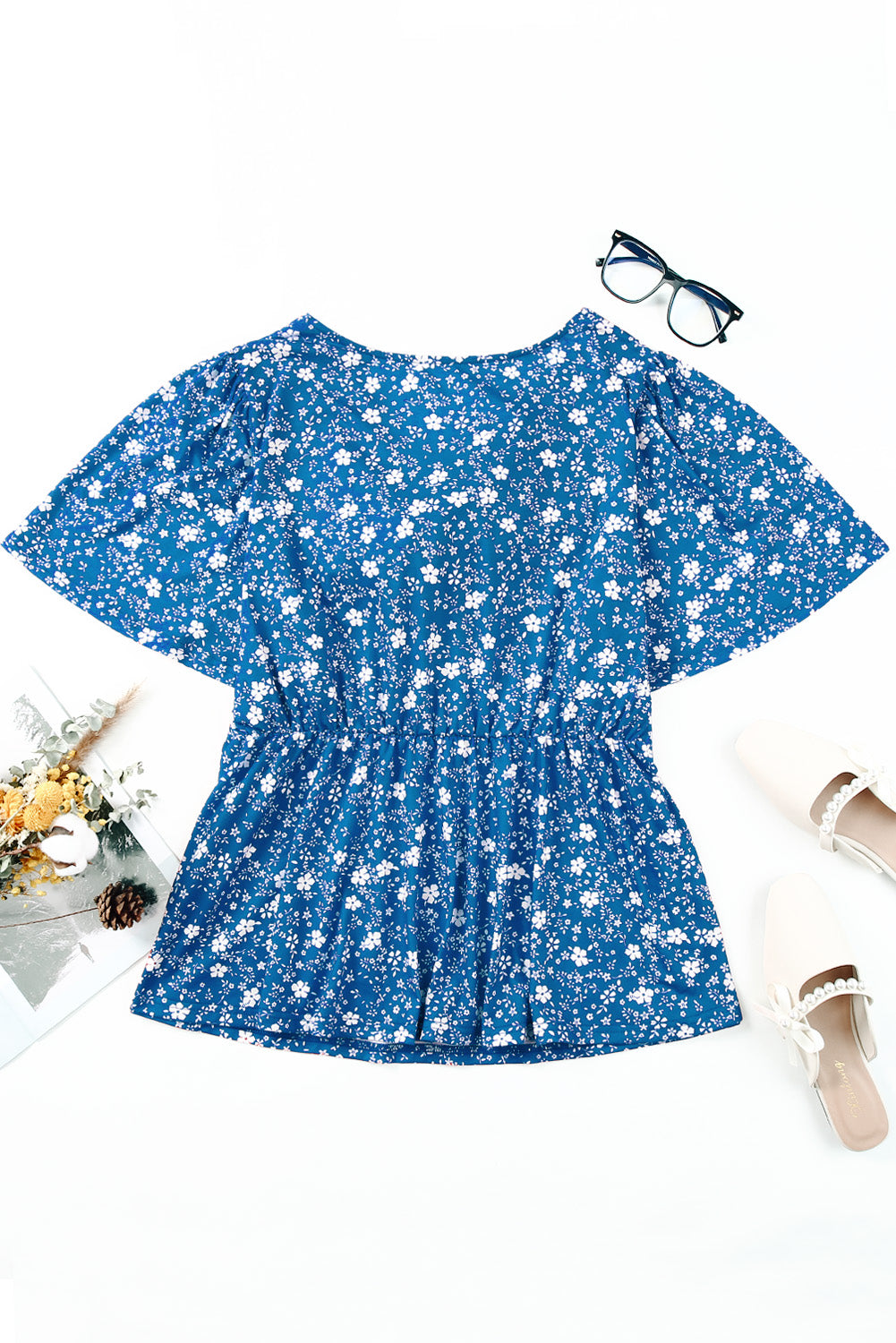 Sky Blue Boho Floral Print Tie V Neck Plus Size Blouse - The Fair Lady Shop