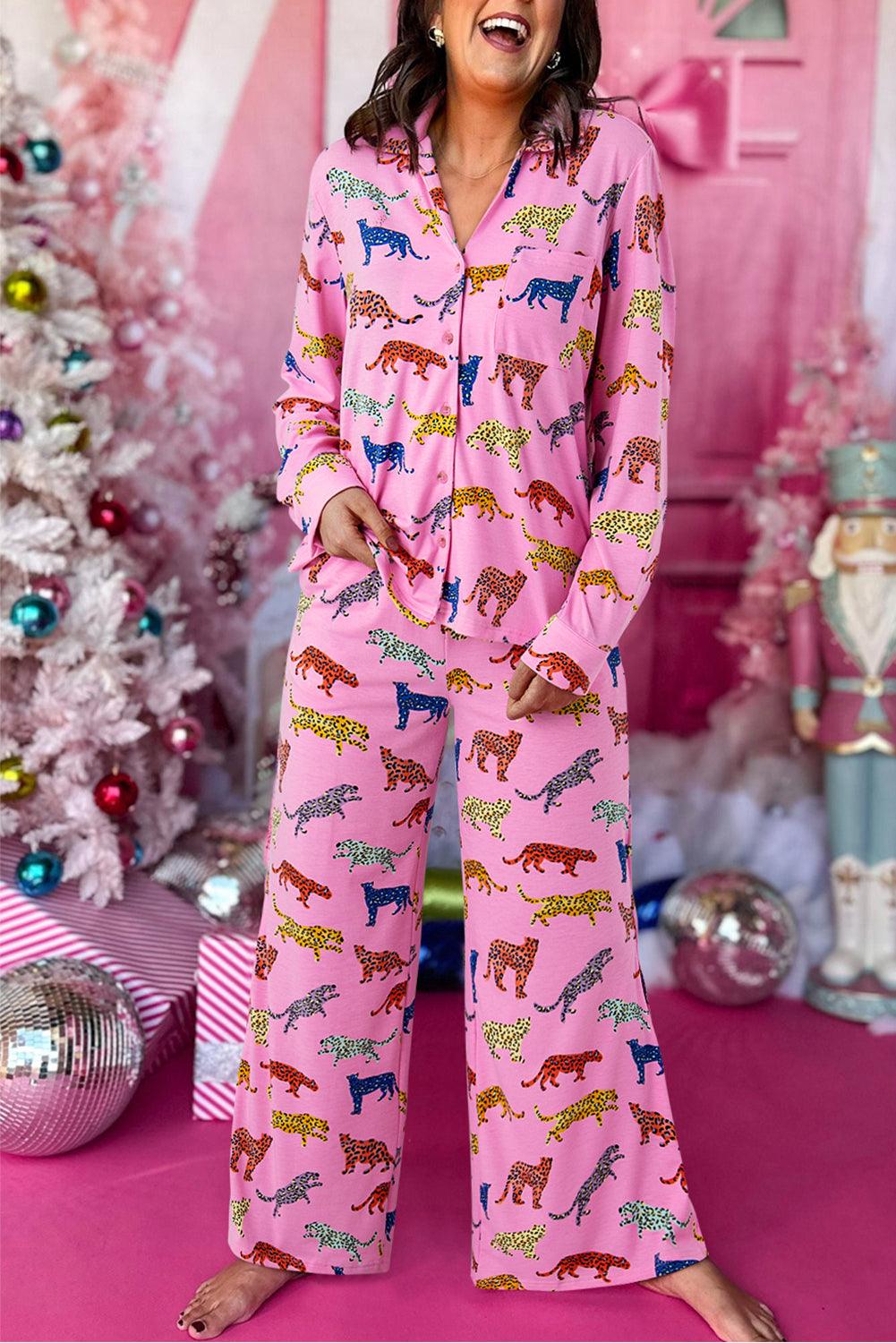 Pink Cheetah Print Shirt and Wide Leg Pants Pajama Set - The Fair Lady Shop