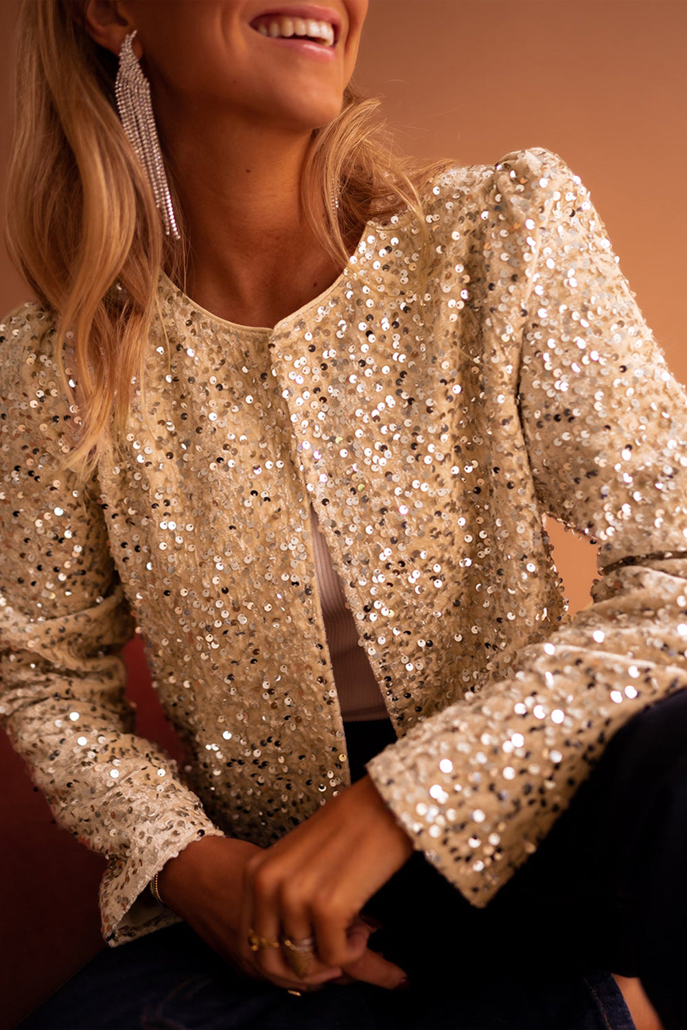 Golden Fleece Sequin Open Front Collarless Jacket - The Fair Lady Shop