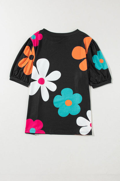 Apricot Colorful Flower Print Bubble Sleeve Tee - The Fair Lady Shop