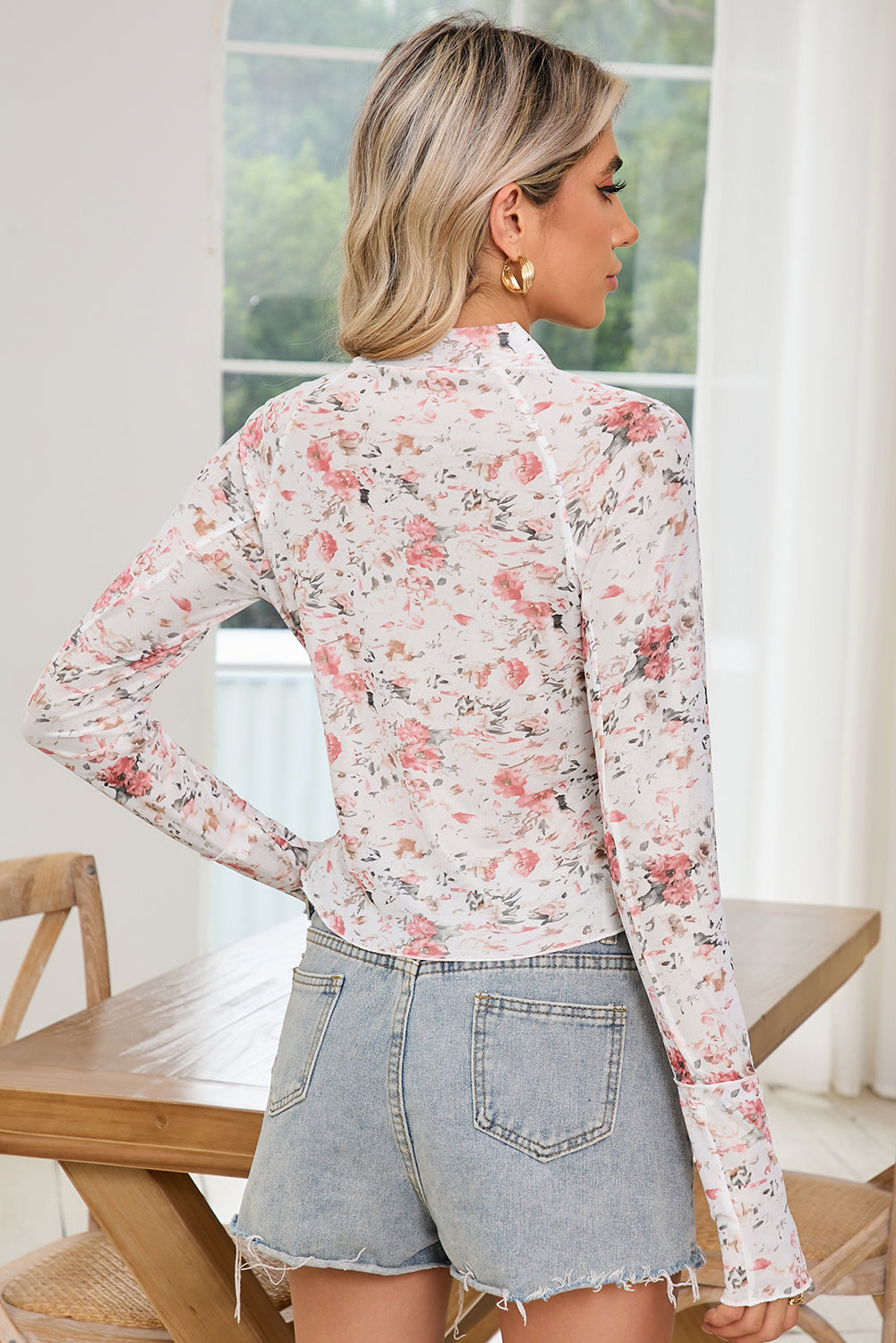 Pink Floral Print Mesh Mock Neck Slim Blouse - The Fair Lady Shop