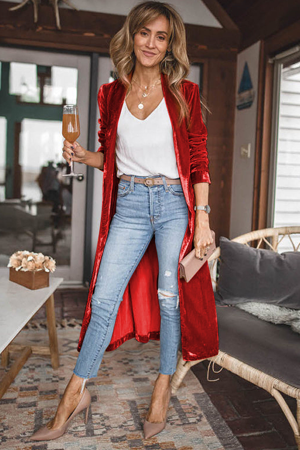 Red Velvet Elegant Open Front Pocket Long Cardigan - The Fair Lady Shop