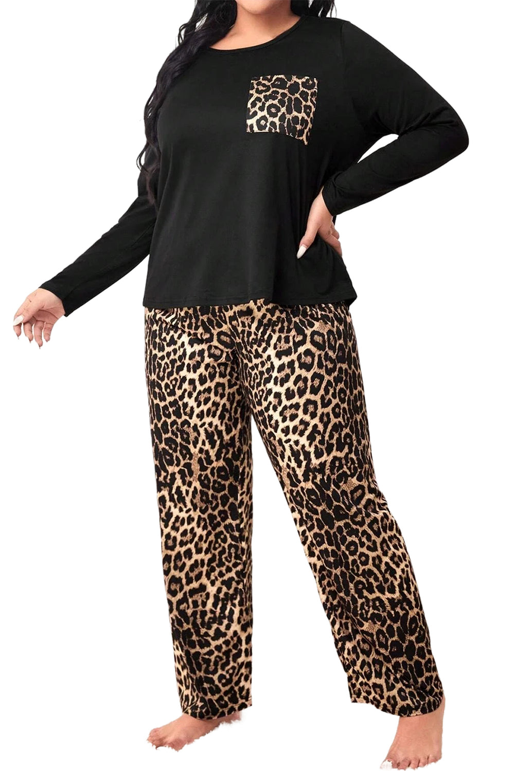 Black Leopard Patched Pocket Long Sleeve Top Plus Size Pajama Set - The Fair Lady Shop