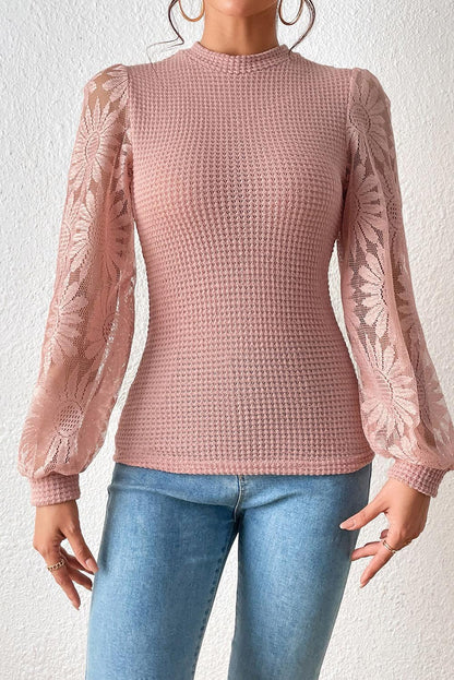 Peach Blossom Sunflower Lace Long Sleeve Waffle Knit Top - The Fair Lady Shop