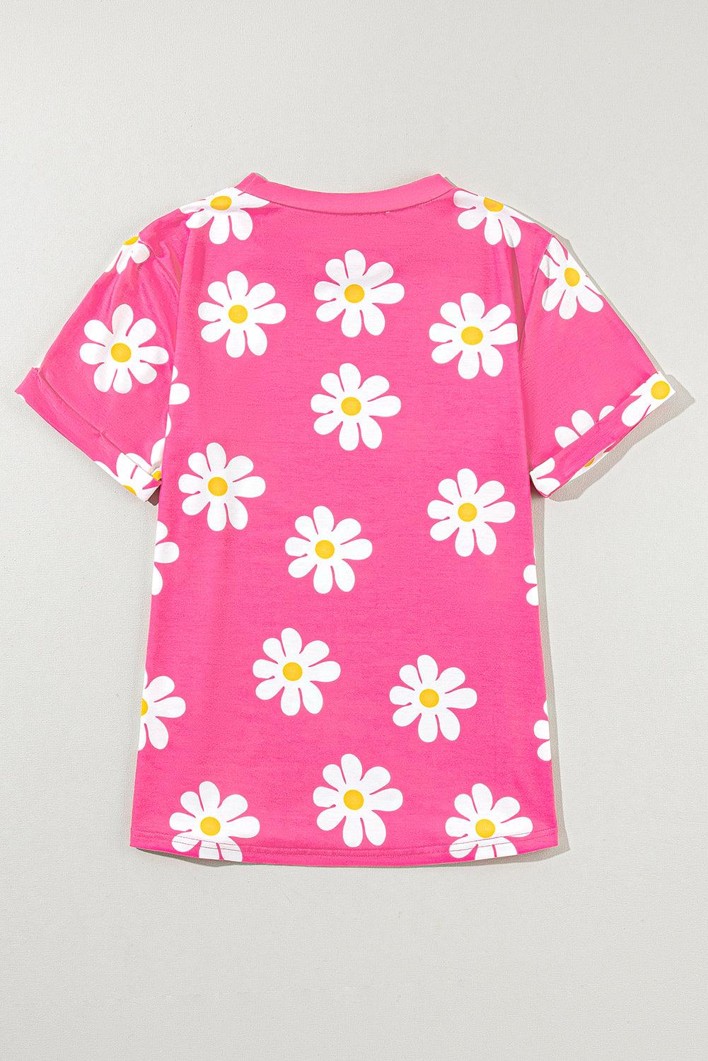 Sky Blue Daisy Print Crewneck T Shirt - The Fair Lady Shop