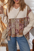 Beige Paisley Ethnic Print Waffle Patchwork Long Sleeve Loose Top
