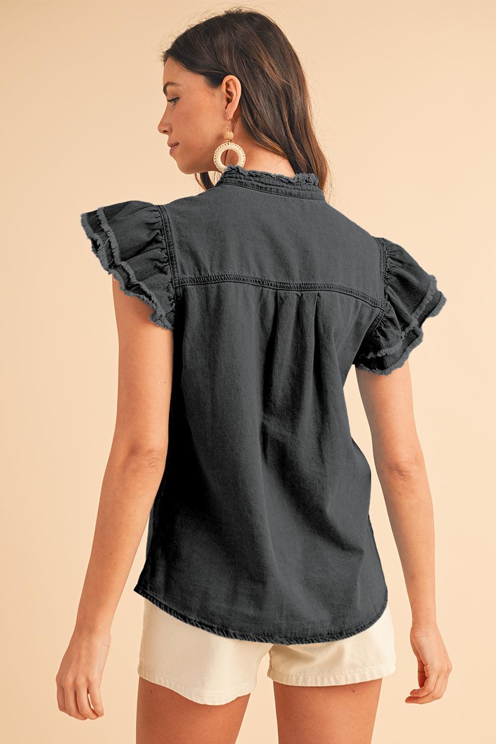 Ashleigh Blue Button Front Ruffled Flutter Frayed Denim Top - The Fair Lady Shop