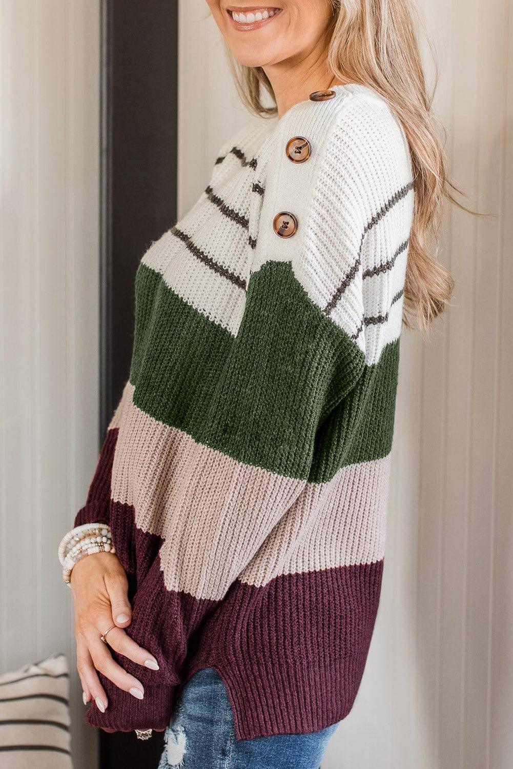 Green Color Block Striped Buttoned Shoulder Split Sweater - The Fair Lady Shop