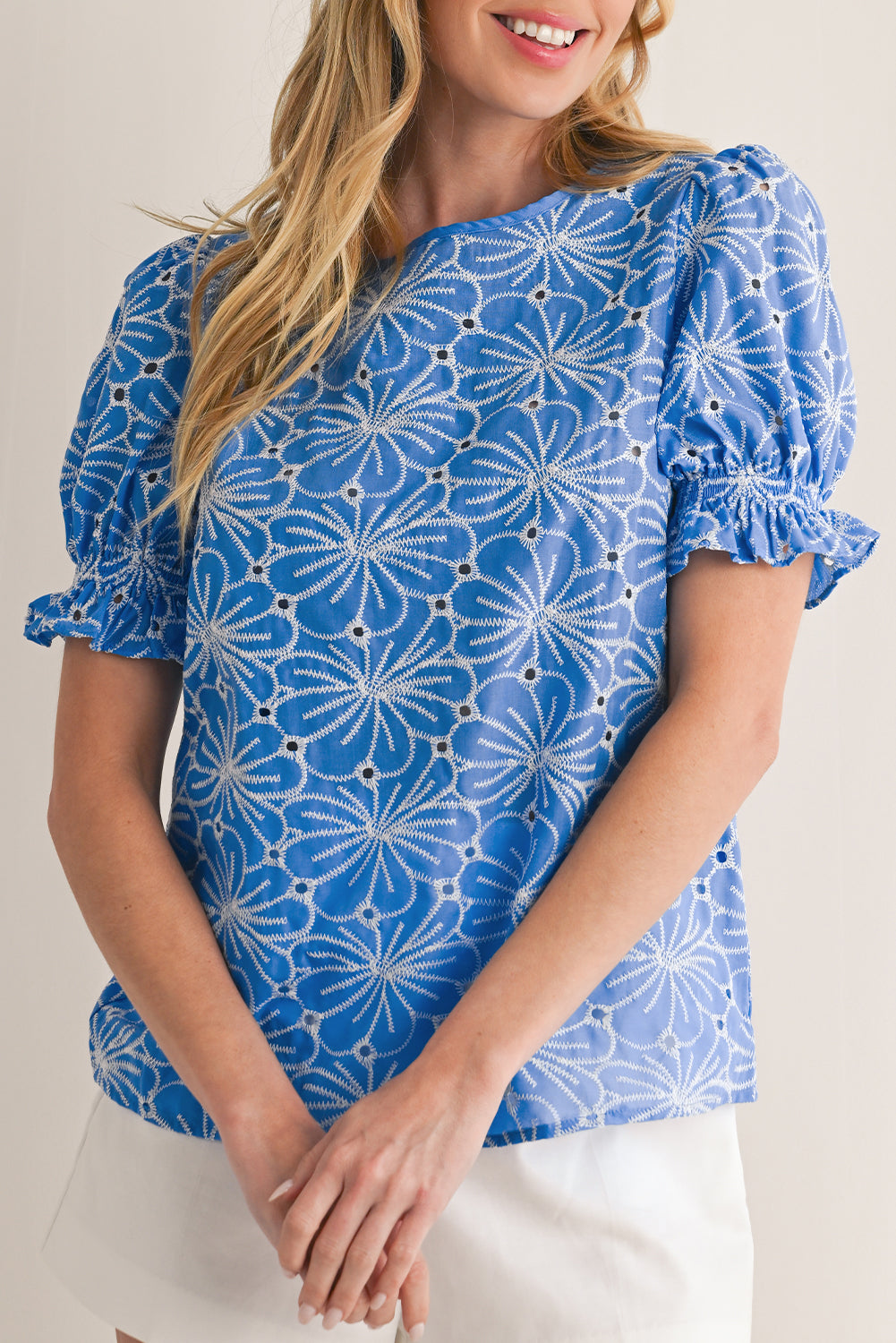 Sky Blue Boho Floral Eyelet Puff Sleeve Blouse - The Fair Lady Shop